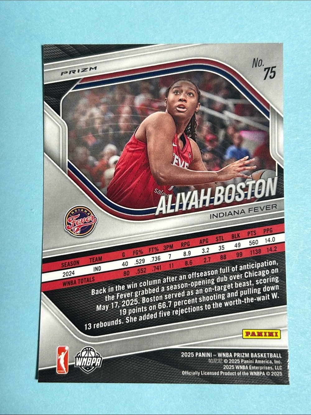 Aliyah Boston ,Indiana Fever Panini Prizm WNBA  Card #75 - Picture 2 of 2